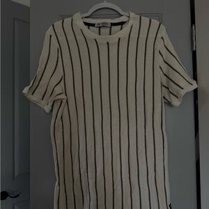 Men's Cream Short-Sleeve Knit Shirt with Black Pinstripes